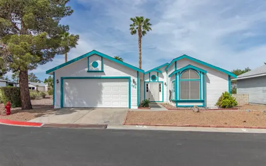 27x56 2 bedroom 2 bathroom mobile home for sale with an attached 2-car garage in Mountain View gated 55+ Mobile Home Community - 151 Day St. Henderson, NV 89074 abcmobilehomes.com (702) 641-4444